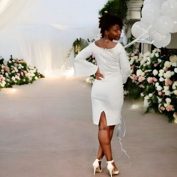 Lulus ✦ “All She Wants” White Off-Shoulder Bodycon Midi Dress ✦ Bell Sleeves S - Picture 4 of 16